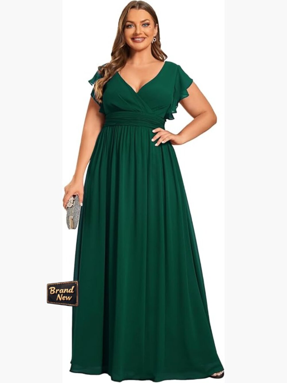 Plus Size Formal Evening Gown Chiffon Ruffles Sleeve Back Cutout Bridesmaid
